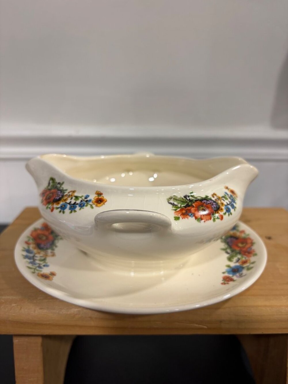 Vintage Jona Cina Inc Floral Ceramic Gravy Boat Attached Underplate Serving Dish